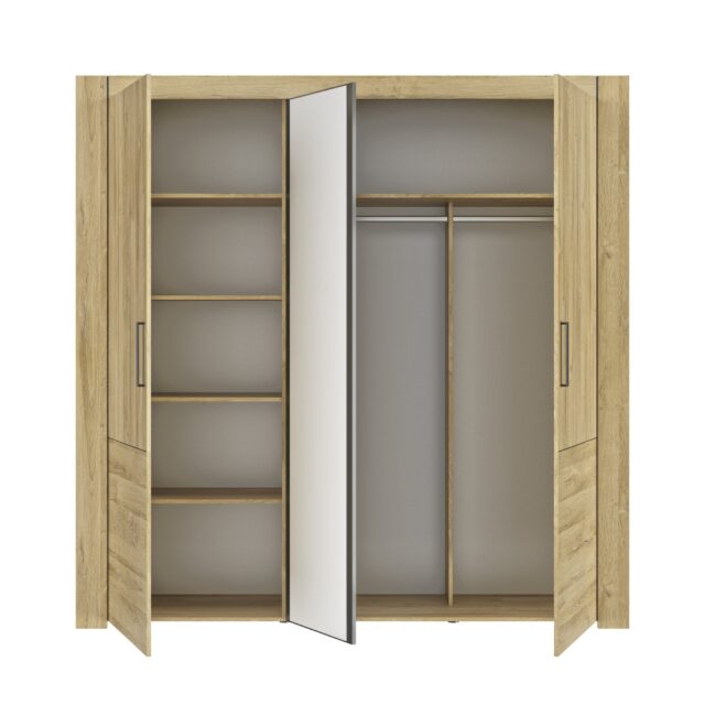 Linnenkast Sofia 8211 3 Deurs 8211 Gouden Eiken Afwerking Zwart 8211 1 Spiegeldeur 8211 Hoogte 222 Cm