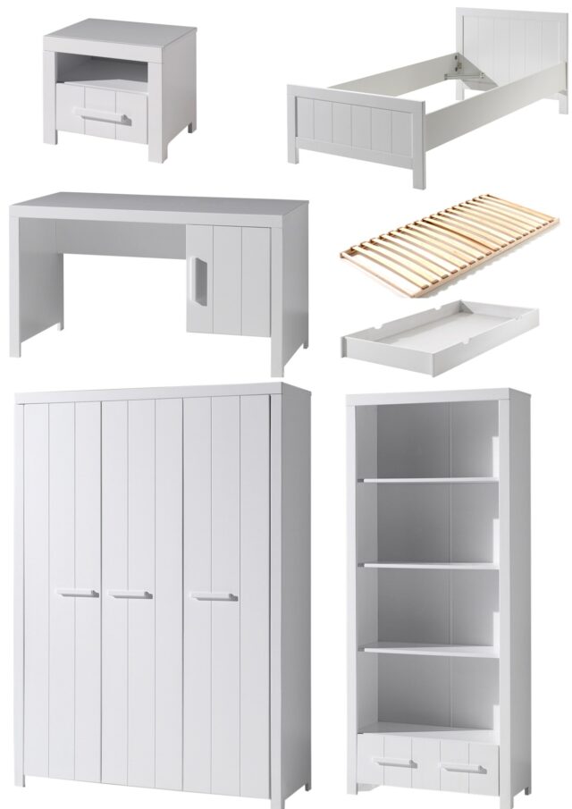 Deze Erik Combinatie In Wit Bestaat Uit Een Bed 90 215 200 Met Bijbehorende Lattenbodem Rolbed Nachtkastje 3 Deurs Kleerkast Bureau En Boekenkast