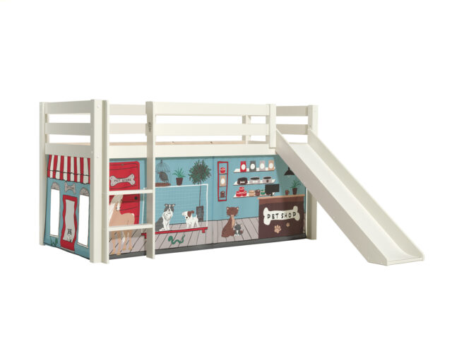 Deze Pino Combinatie Bestaat Uit Een Witte Pino Hoogslaper Met Glijbaan En Een Speelgordijn Pet Shop