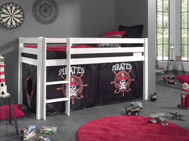 Deze Pino Combinatie Bestaat Uit Een Witte Pino Hoogslaper En Een Speelgordijn Piraten