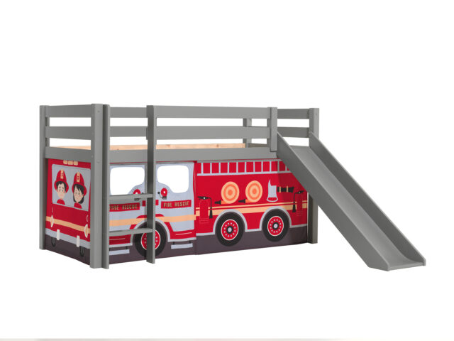 Deze Pino Combinatie Bestaat Uit Een Grijze Pino Hoogslaper Met Glijbaan En Een Speelgordijn Met Brandweerwagen