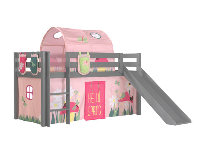 Deze Pino Combinatie Bestaat Uit Een Grijze Pino Hoogslaper Met Glijbaan Een Speelgordijn Spring 3 Zakjes Spring En Een Tunnel Spring