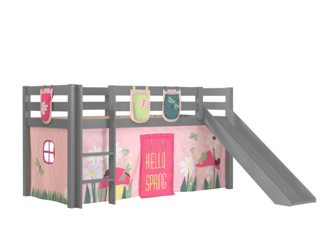 Deze Pino Combinatie Bestaat Uit Een Grijze Pino Hoogslaper Met Glijbaan Een Speelgordijn 8216 Spring 8217 En 3 Springzakjes