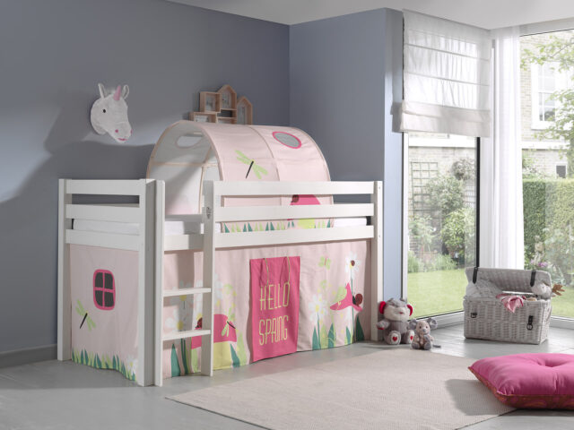 Deze Pino Combinatie Bestaat Uit Een Witte Pino Hoogslaper Een Speelgordijn Spring En Een Tunnel Spring